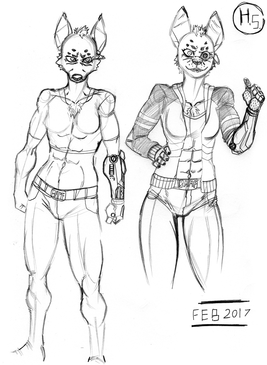 2017 abs angry artist_name badass_belt bamf_belt breasts chest_tuft clothing concept concept_art crop_top cybernetics cyborg electronic female fur hair happy harpseal hyena invalid_tag jeans machine mammal multicolored_fur muscular muscular_female name pants pattern pointy_ears robotic robotic_arm robotic_eye shirt smile spiky_hair standing t-shirt teeth thumbs_up tuft two_tone_fur wire