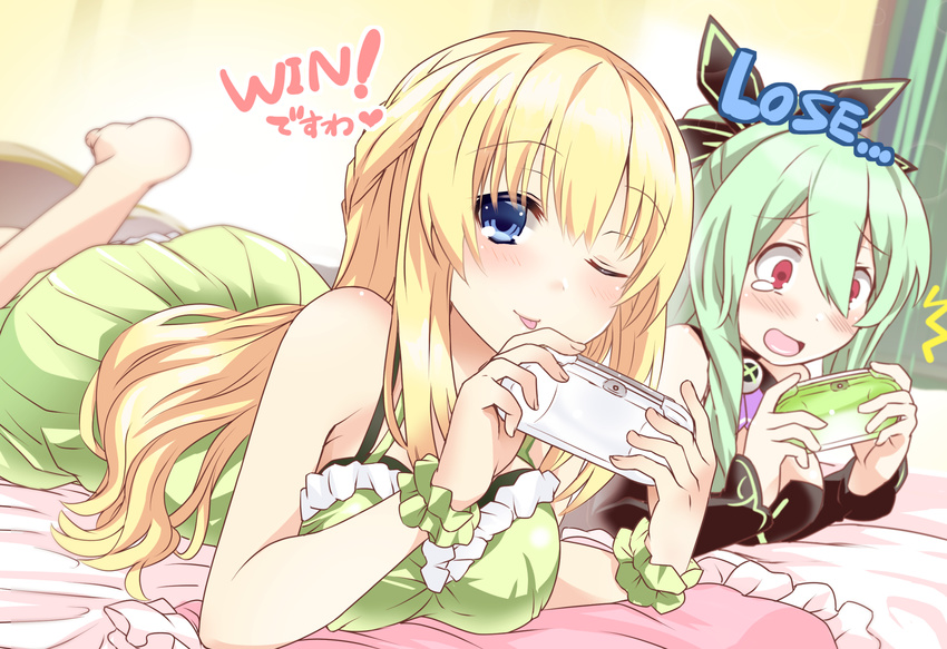 ;p bare_shoulders barefoot bed blonde_hair blue_eyes blush bow braid breasts dress frills game_console green_hair hair_bow hakozaki_chika handheld_game_console heart highres holding indoors large_breasts long_hair looking_at_viewer lying multiple_girls neptune_(series) nightgown on_stomach one_eye_closed playstation_vita red_eyes room shinjitsu_(true_ride) shiny shiny_skin smile teardrop text_focus tongue tongue_out vert