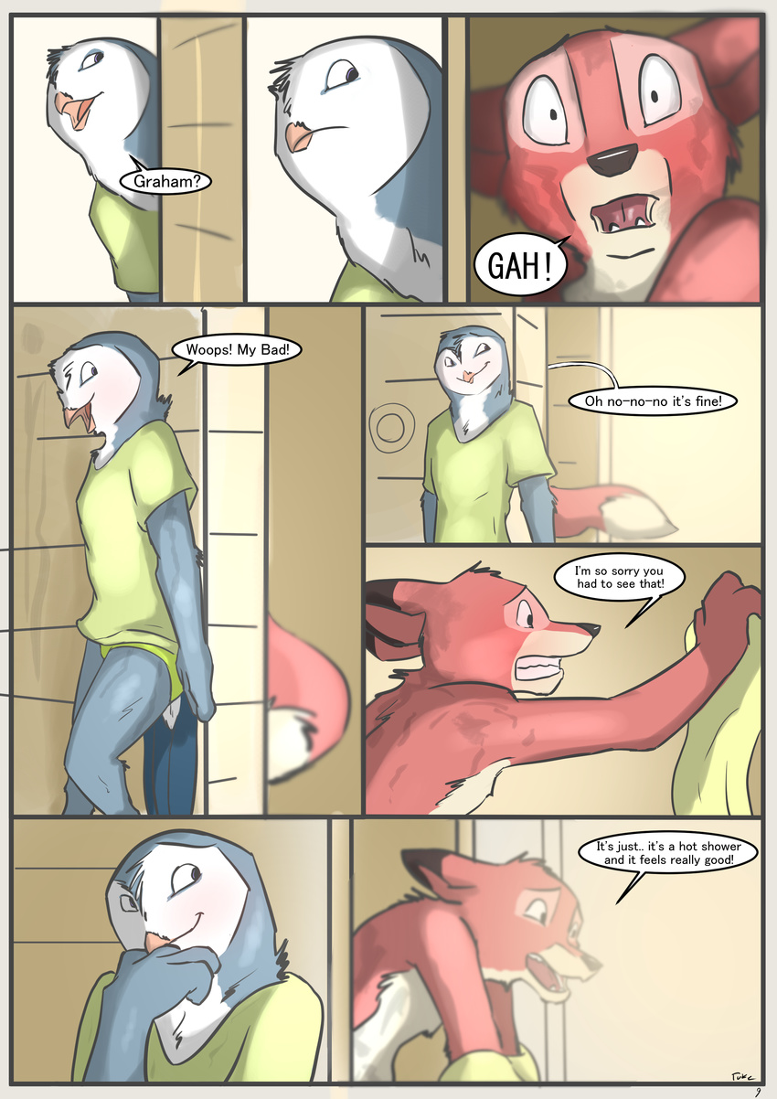 against_wall anthro avian bird canine casey_(tuke) caught clothed clothing comic dialogue duo embarrassed english_text fox graham_(tuke) male mammal owl showering slim smile speech_bubble text tuke wide_eyed