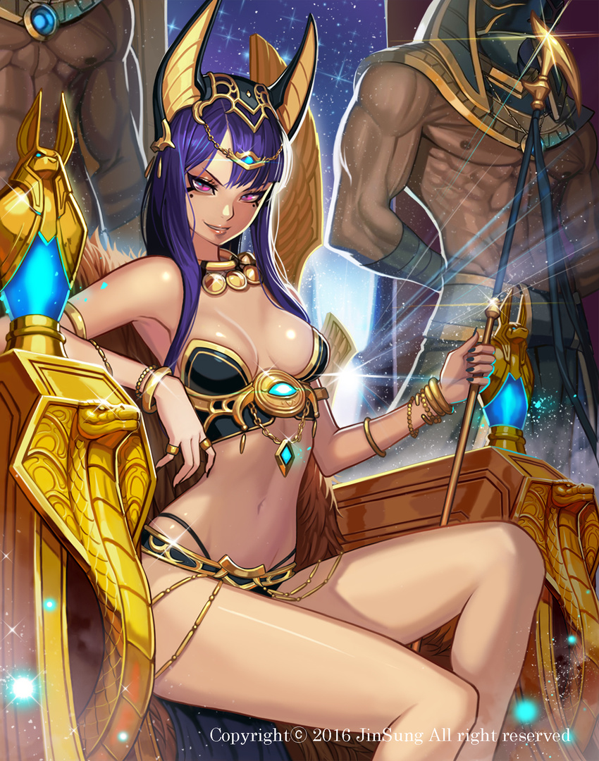 2boys abs anubis armor bangs bikini_armor black_nails body_jewelry bracelet breasts egyptian egyptian_clothes egyptian_mythology gold headgear highres jewelry kim_jin_sung long_hair looking_at_viewer makeup mask medium_breasts multiple_boys nail_polish necklace night nipples original parted_lips pink_eyes purple_hair revealing_clothes revision scepter sitting smile sparkle strapless throne tiara