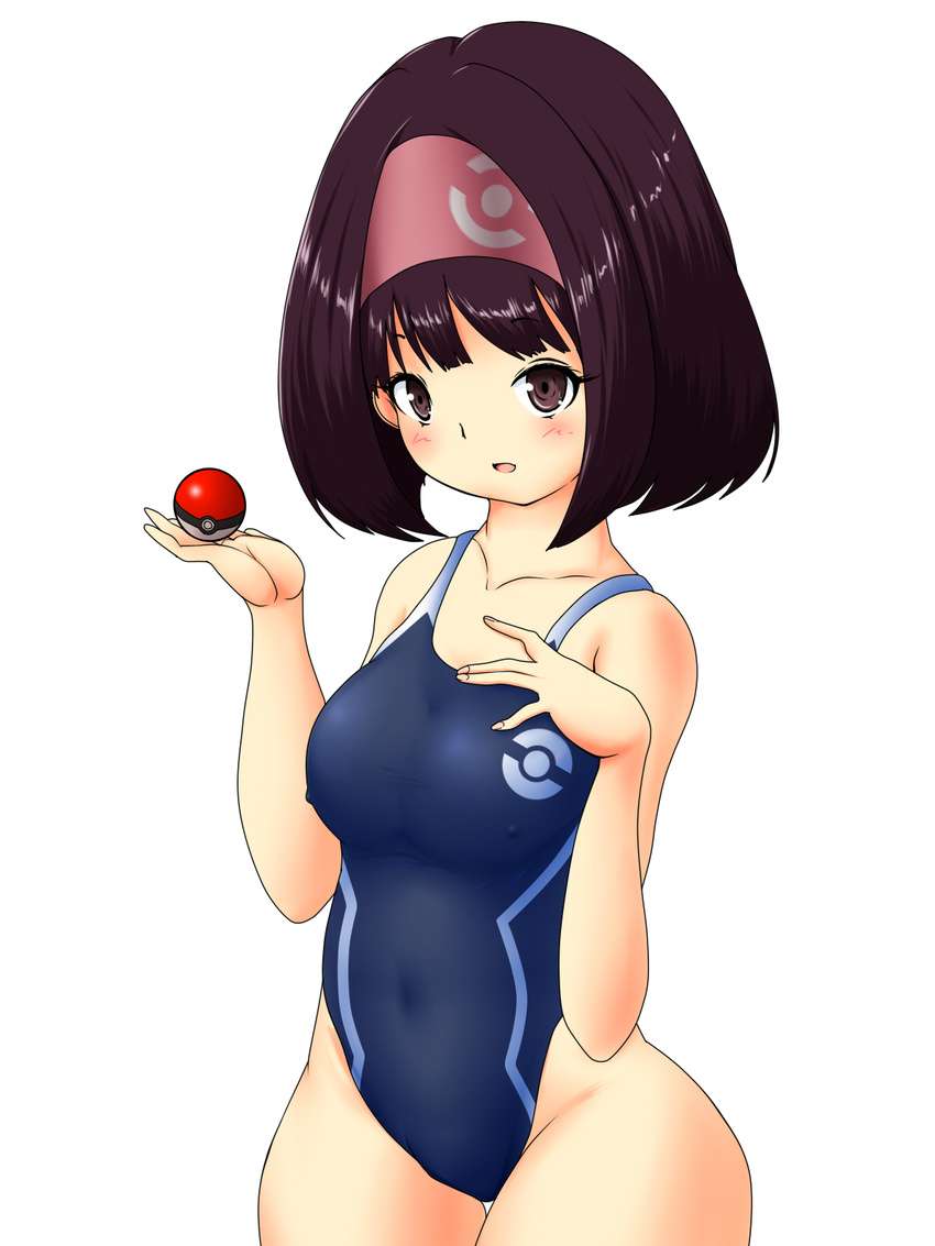 black_hair blue_swimsuit brown_eyes competition_swimsuit covered_navel covered_nipples cowboy_shot erika_(pokemon) hairband highleg highleg_swimsuit highres looking_at_viewer one-piece_swimsuit open_mouth poke_ball pokemon pokemon_(game) short_hair simple_background sneezy solo swimsuit white_background