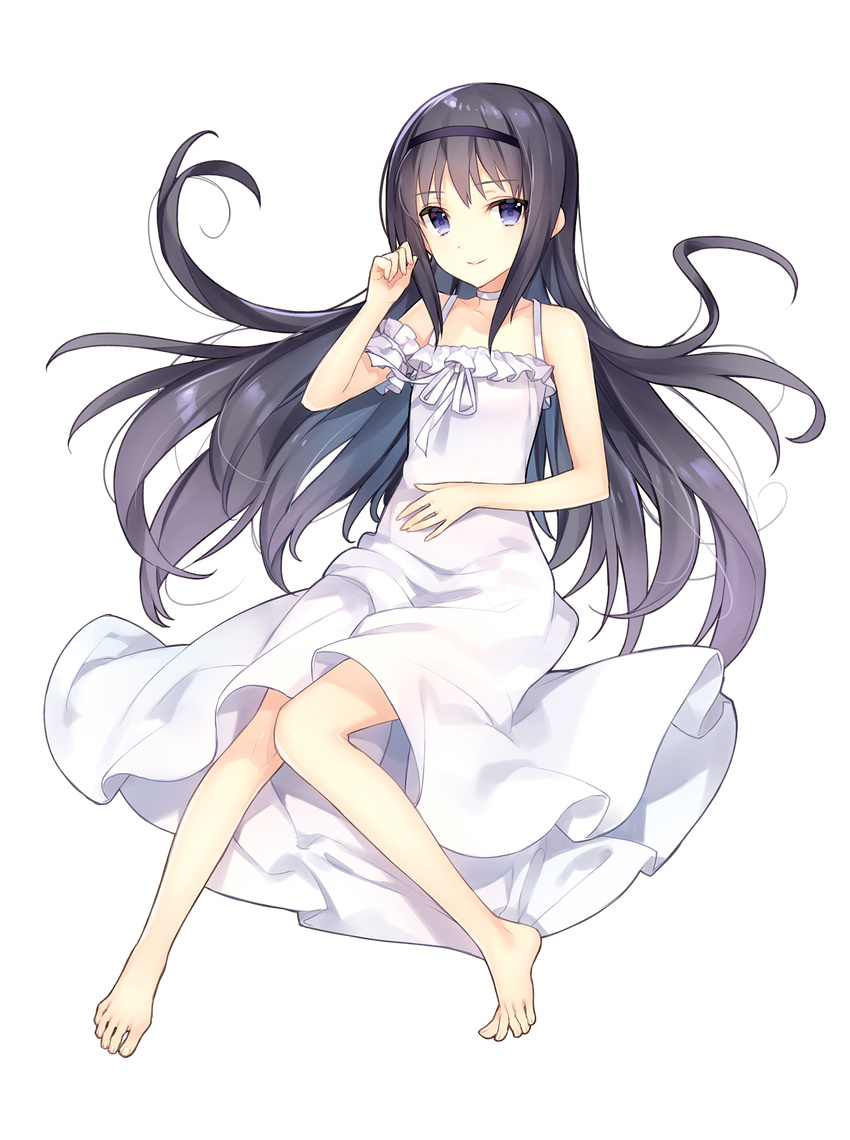 akemi_homura arm_garter artist_request barefoot black_hair blue_eyes choker dress floating_hair full_body hairband highres knees_together_feet_apart long_hair looking_at_viewer mahou_shoujo_madoka_magica official_art smile solo transparent_background uchi_no_hime-sama_ga_ichiban_kawaii white_dress