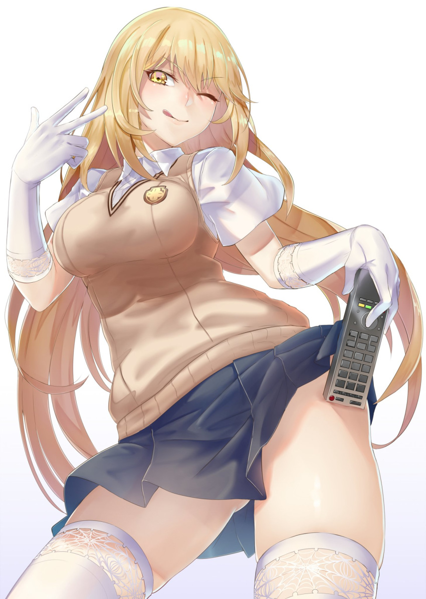 +_+ 1girl ;9 blonde_hair blush breasts contrapposto controller elbow_gloves eyebrows_visible_through_hair gloves highres holding_remote jikeshi large_breasts long_hair looking_at_viewer one_eye_closed pleated_skirt remote_control school_uniform shokuhou_misaki short_sleeves simple_background skirt smile solo spider_web_print sweater_vest symbol-shaped_pupils thighhighs thighs to_aru_majutsu_no_index tongue tongue_out w white_background white_gloves white_legwear yellow_eyes