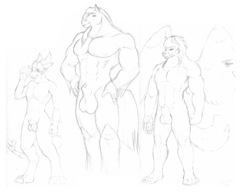 animal_genitalia anthro avias_(artist) balls canine dragon equine feathered_wings feathers fully_sheathed group horse hybrid mammal monochrome muscular nude sheath sketch smile standing wings