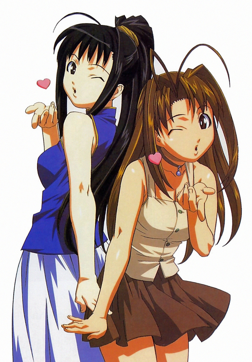 2girls aoyama_motoko brown_eyes brown_hair heart highres jpeg_artifacts love_hina matching_hair/eyes multiple_girls narusegawa_naru one_eye_closed skirt