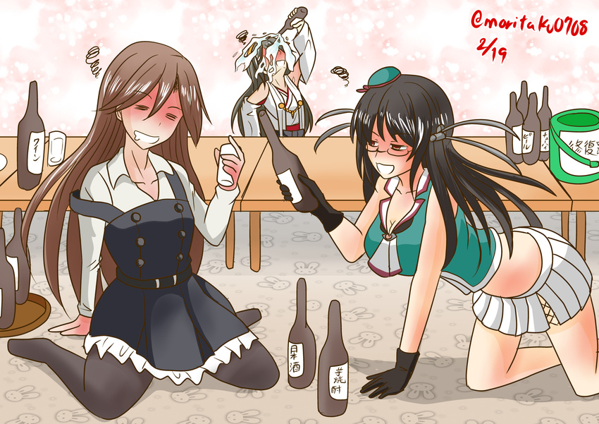 alcohol arashio_(kantai_collection) bare_shoulders beret black_gloves black_hair bottle brown_hair choukai_(kantai_collection) commentary_request detached_sleeves dress drinking drunk glasses gloves hair_ornament hairband hairclip haruna_(kantai_collection) hat headgear highres japanese_clothes kantai_collection long_hair midriff mini_hat moritaku0708 multiple_girls nontraditional_miko open_mouth pantyhose pinafore_dress pleated_skirt red_eyes remodel_(kantai_collection) ribbon-trimmed_sleeves ribbon_trim rimless_eyewear sake sake_bottle school_uniform serafuku skirt wide_sleeves