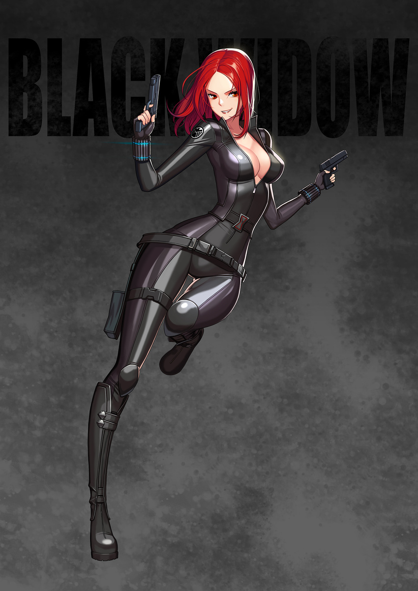 avengers belt black_widow bodysuit boots breasts character_name cleavage dual_wielding full_body gun highres holding holster kim_jin_sung long_hair looking_at_viewer marvel medium_breasts natasha_romanoff no_bra red_eyes red_hair skin_tight smirk solo standing standing_on_one_leg weapon