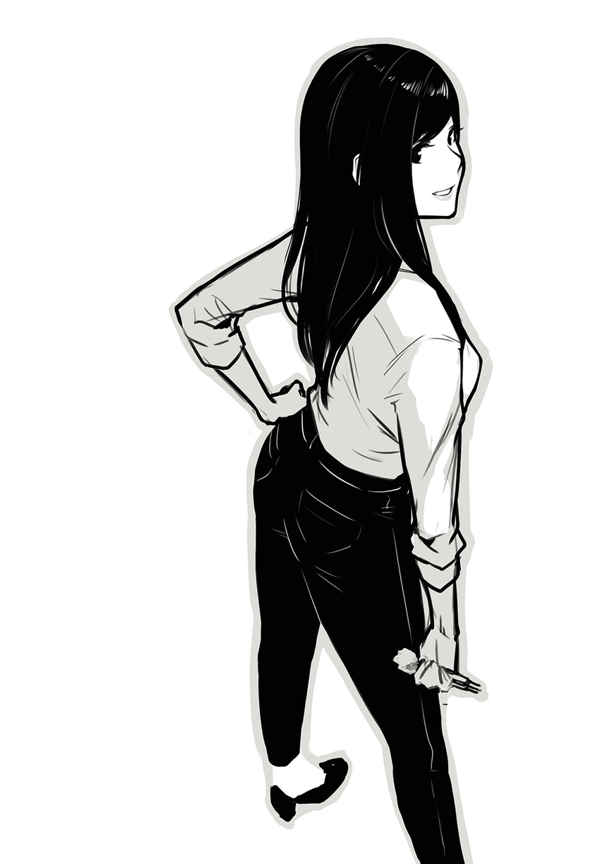 black_pants commentary_request contrapposto dress_shirt from_above hand_on_hip high_heels highres lips long_hair looking_at_viewer looking_back monochrome no_socks original outline pants poaro shirt simple_background sketch sleeves_pushed_up smile solo standing white_background