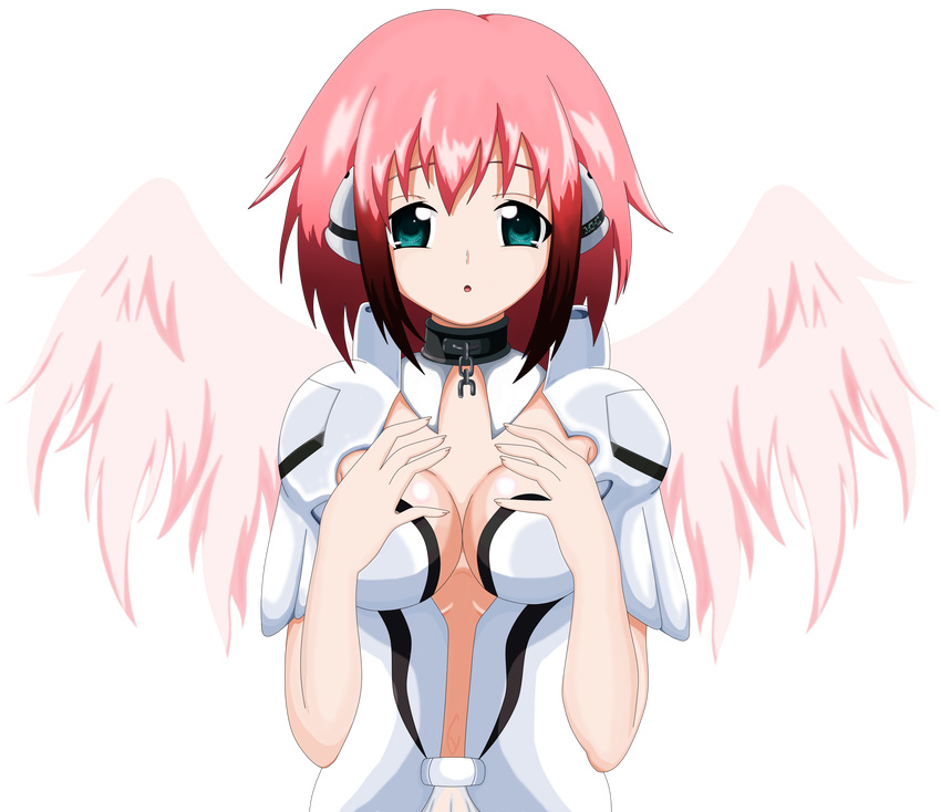 1girl aqua_eyes breasts eyebrows hands_on_breasts highres ikaros miro222_(artist) pink_hair simple_background solo sora_no_otoshimono transparent_background wings