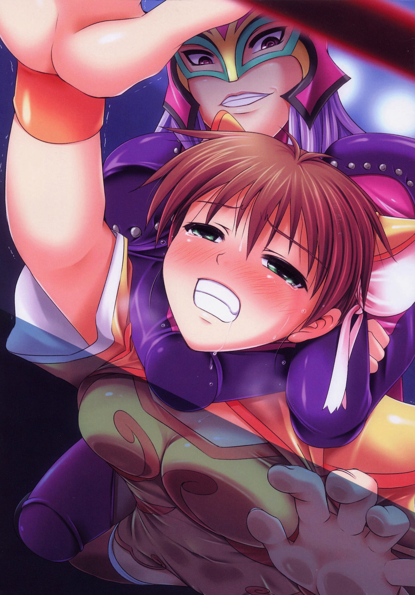2girls asphyxiation blush breast_press breasts brown_hair bun_cover chokehold choking cleavage clenched_teeth crying defeated digdug006 double_bun drooling evil_grin from_below grin headlock helpless injury kanamori_reiko knee_pads leotard long_hair mask multiple_girls pain purple_hair restrained ryona sa-ki saliva shaking short_hair submission sweat tears trembling wrestle_angels wrestle_angels_survivor wrestle_angels_survivor_2 wrestling wrestling_outfit