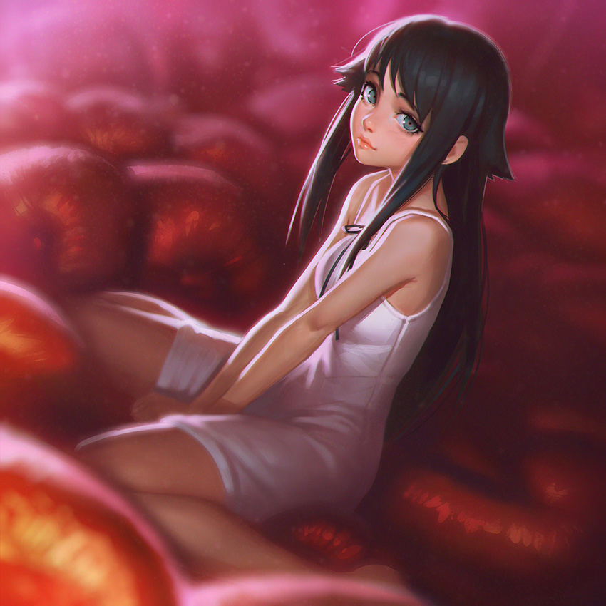 bare_shoulders black_hair breasts dress dutch_angle green_eyes ilya_kuvshinov lips long_hair nose saya saya_no_uta sitting sleeveless small_breasts smile solo sundress very_long_hair wariza white_dress