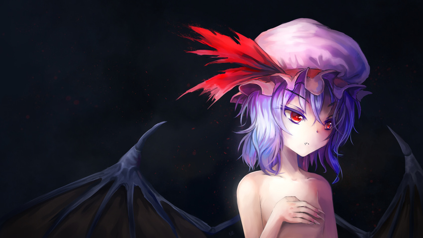 bangs bare_arms bare_shoulders bat_wings black_background closed_mouth collarbone commentary_request covering covering_breasts elrem expressionless eyebrows_visible_through_hair fang fingernails flat_chest hair_between_eyes half-closed_eyes hand_up hat hat_ribbon highres lavender_hair long_fingernails looking_away mob_cap pink_hat red_eyes red_ribbon remilia_scarlet ribbon sharp_fingernails short_hair solo touhou upper_body wings