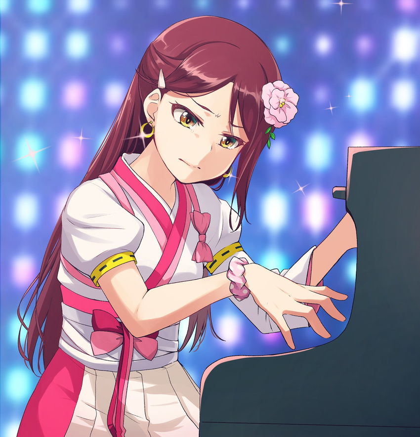 brown_eyes hair_ornament long_hair love_live! love_live!_sunshine!! nanotsuki piano red_hair sakurauchi_riko sitting