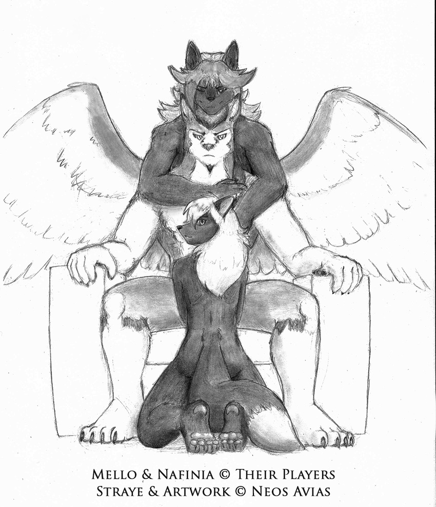 ambiguous_gender avian avias_(artist) canine chair feathered_wings feathers group gryphon hug hybrid kneeling male male/ambiguous male/male mammal monochrome nude sitting sketch wings