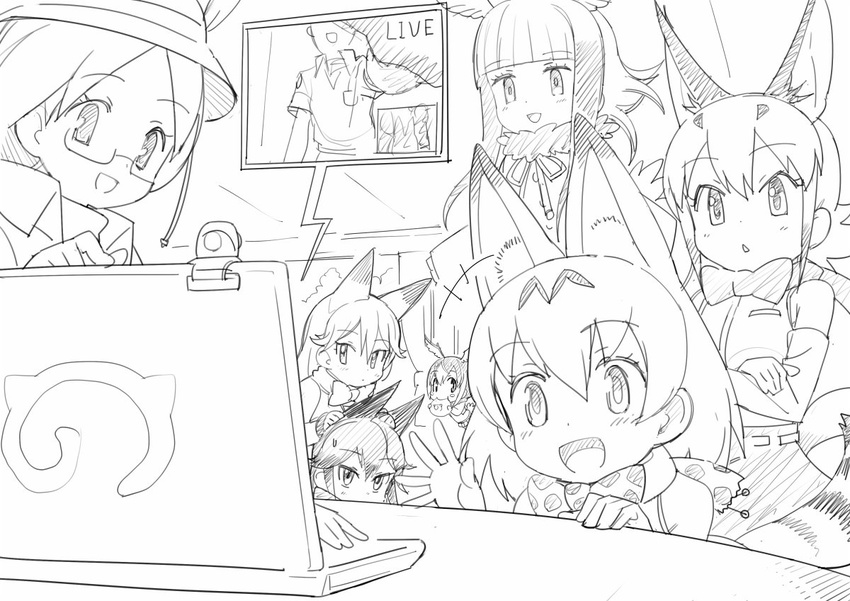 6+girls :d :t animal_ears atlantic_puffin_(kemono_friends) bangs bare_shoulders blunt_bangs blush blush_stickers bow bowtie buttons caracal_(kemono_friends) caracal_ears caracal_tail chibi chibi_inset collared_shirt commentary computer cross-laced_clothes crossed_arms dot_nose drawstring eating elbow_gloves english eyebrows_visible_through_hair eyelashes ezo_red_fox_(kemono_friends) flying food food_in_mouth fox_ears fur_collar glasses gloves greyscale hair_between_eyes head_wings indoors japanese_crested_ibis_(kemono_friends) japari_bun japari_symbol jitome jpeg_artifacts kanemaru_(knmr_fd) kemono_friends long_hair long_sleeves looking_afar looking_at_viewer mirai_(kemono_friends) monochrome multiple_girls notebook official_art open_hand open_mouth pointing serval_(kemono_friends) serval_ears serval_tail shirt short_hair short_hair_with_long_locks short_sleeves shy sidelocks silver_fox_(kemono_friends) simple_background sketch skirt sleeveless sleeveless_shirt smile striped_tail sweat t-shirt table tail tareme tree triangle_mouth tsurime video_camera waving white_background wings