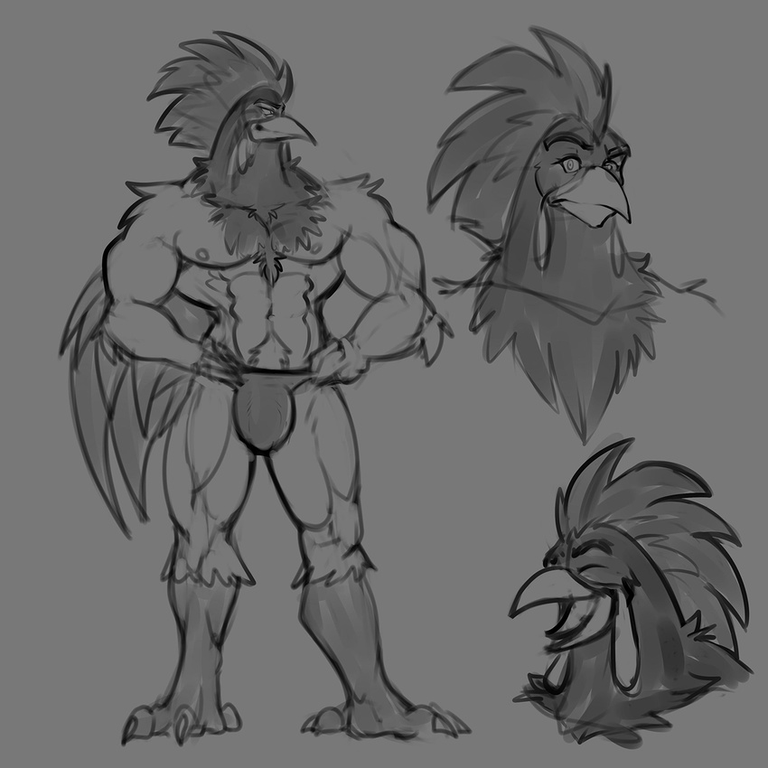 anthro avian avias_(artist) beak bird bulge chicken clothing male muscular nipples open_mouth sketch smile solo underwear