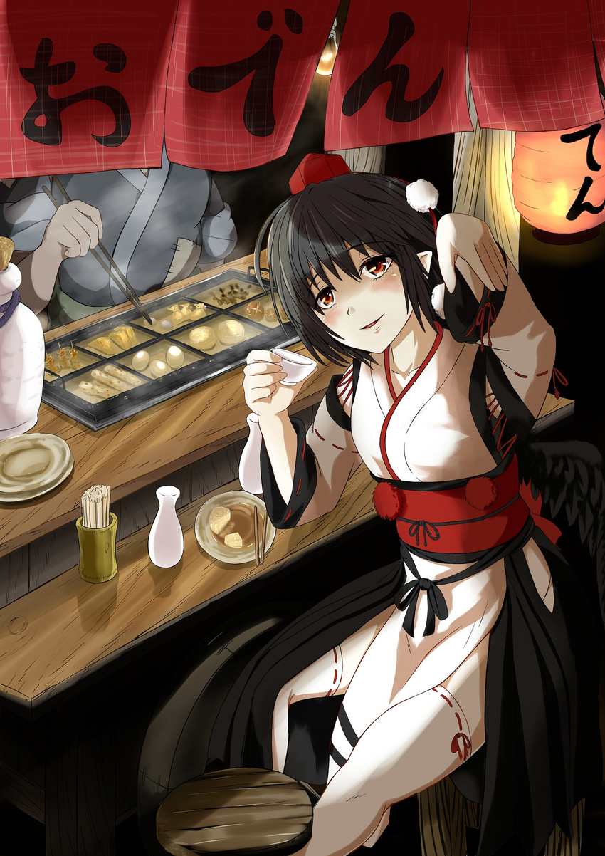 bangs beckoning bird_wings black_hair black_wings blush choko_(cup) chopsticks collarbone commentary_request cup daikon detached_sleeves drunk fish_cake food food_stand gourd hardboiled_egg hat highres japanese_clothes kagami_toufu konnyaku_(food) kourindou_tengu_costume lampion long_sleeves looking_at_viewer night obi oden parted_lips pelvic_curtain pointy_ears pom_pom_(clothes) red_eyes ribbon-trimmed_legwear ribbon-trimmed_sleeves ribbon_trim sash shameimaru_aya short_hair sitting solo_focus thighhighs tokin_hat tokkuri touhou white_legwear wide_sleeves wings