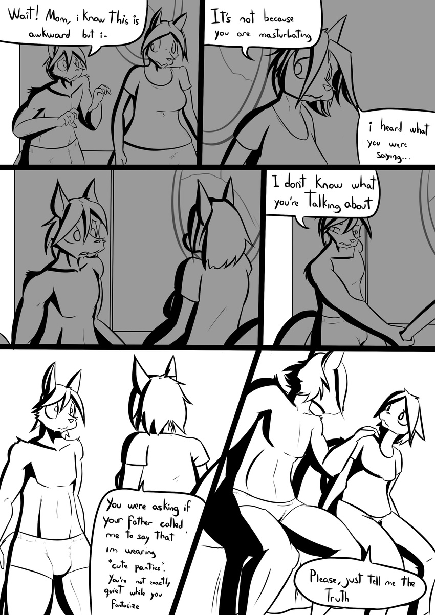 anthro bed boxer_briefs bulge canine chris_hayabusa clothed clothing female folded_ears fur hair incest male mammal mother mother_and_son parent plaga randochris sitting son speech_bubble standing suzanne_hayabusa text underwear wolf worried