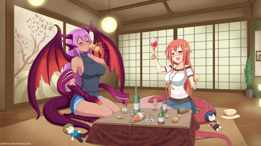 :d alcohol backless_dress backless_outfit bare_shoulders blush bottle breasts claws closed_eyes commentary_request covered_nipples crossover cup dark_skin doll dragon_girl dress drinking drinking_glass drunk extra_mouth fang glass hair_ornament hairclip hat hat_removed headwear_removed horns jabberwock_(monster_girl_encyclopedia) jewelry kainkout kotatsu lamia large_breasts long_hair long_tongue miia_(monster_musume) monster_girl monster_girl_encyclopedia monster_musume_no_iru_nichijou multiple_girls necklace open_mouth paws pointy_ears purple_hair red_hair scales seiza shouji sideboob sitting sliding_doors slit_pupils smile spilling sweater table tongue tongue_out turtleneck turtleneck_sweater very_long_hair wine wine_bottle wine_glass wings yellow_eyes