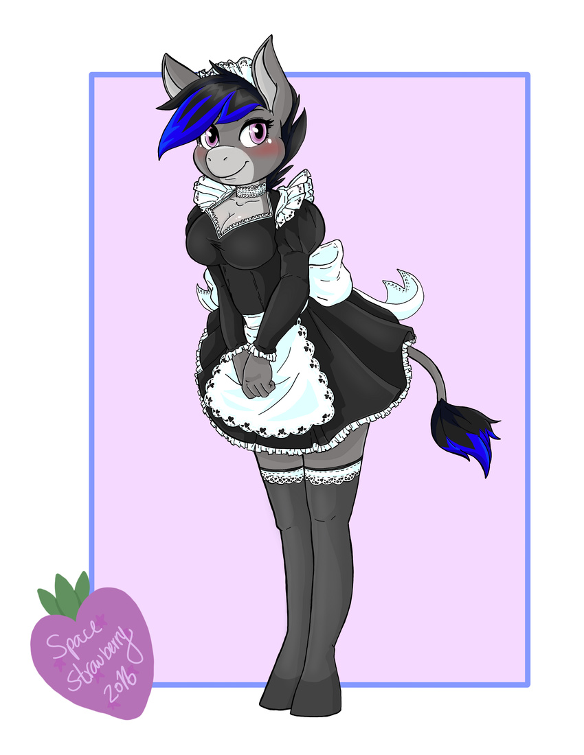 2016 anthro black_hair blue_hair blush breasts cleavage clothed clothing cute donkey equine fan_character female hair hi_res invalid_tag legwear maid_costume maid_uniform mammal solo spacestrawberry stockings tara_(oc) thigh_highs uniform