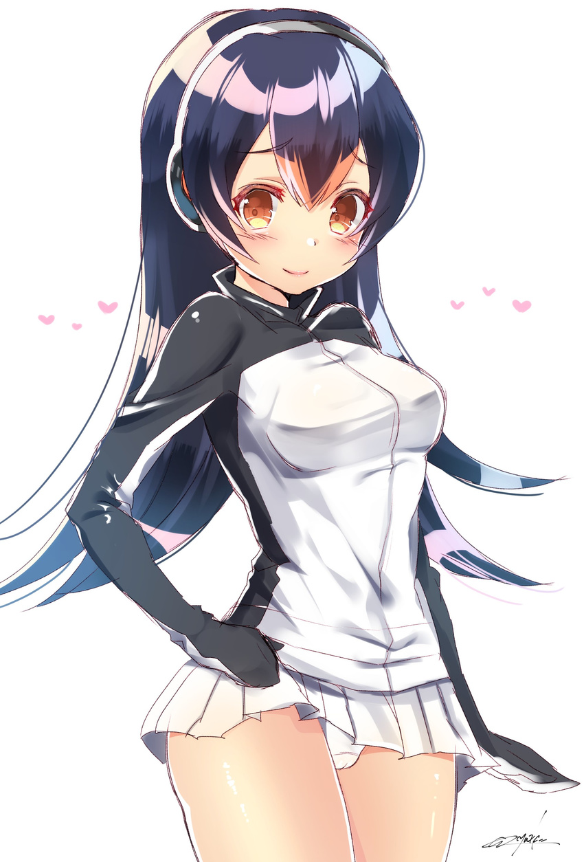 absurdres arm_at_side black_hair blush breasts cameltoe colored_eyelashes cowboy_shot eyebrows eyebrows_visible_through_hair eyelashes from_side gentoo_penguin_(kemono_friends) hair_between_eyes hand_on_hip headphones heart highres jacket jpeg_artifacts kemono_friends light_brown_eyes lips long_hair long_sleeves looking_at_viewer medium_breasts miniskirt multicolored_hair pleated_skirt red_hair shiny shiny_clothes shiny_hair signature skirt smile solo tareme thick_thighs thighs turtleneck white_background white_skirt yuuzaki