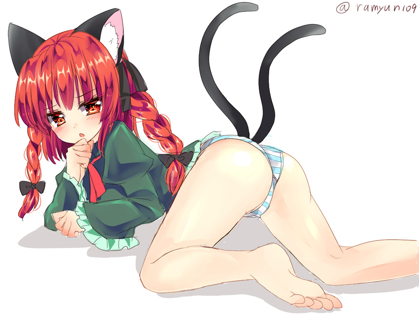 1girl barefoot blush braid cat_ears cat_tail feet finger_to_mouth hair_bow hair_ribbon kaenbyou_rin long_hair looking_at_viewer lying ramudia_(lamyun) red_eyes red_hair soles striped_panties toes touhou two_tails