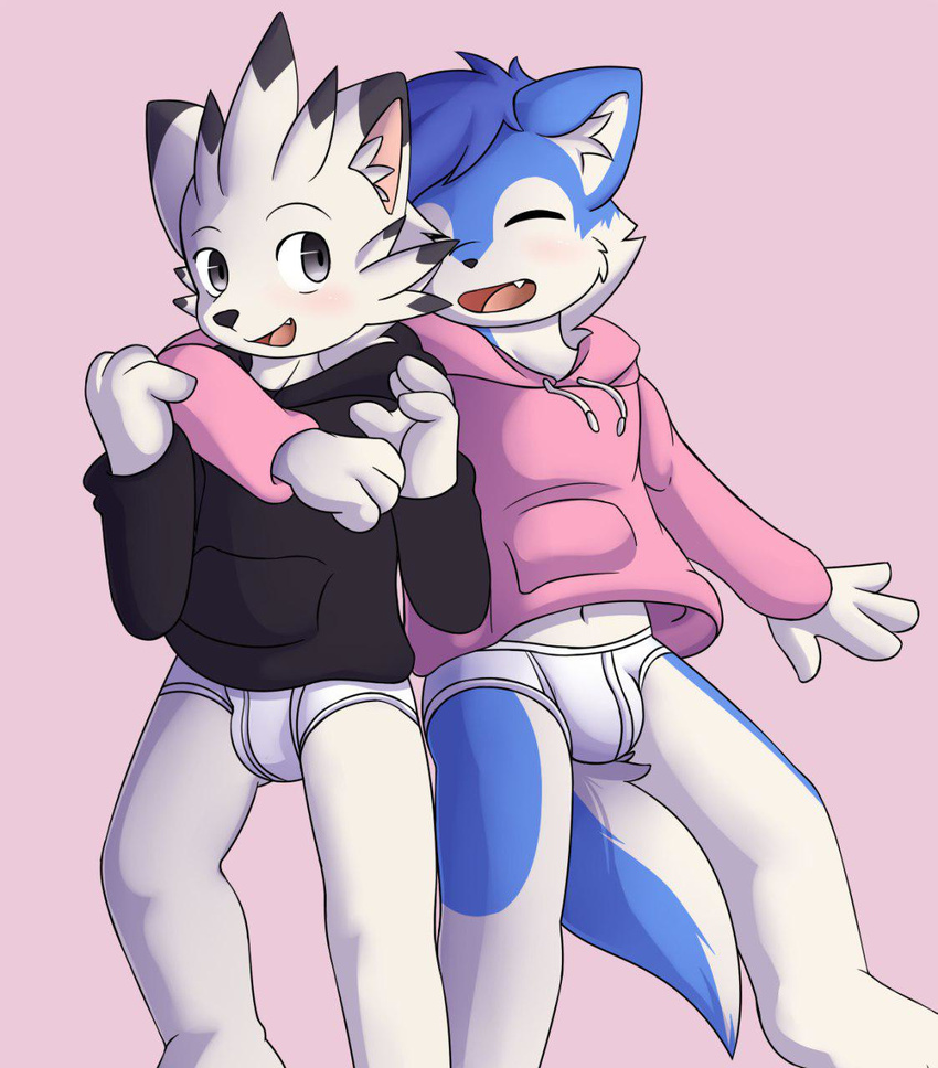 arm_around_shoulders avian blush briefs bulge canine clothing cub cute_fangs duo eyes_closed finn_ayers hoodie hybrid male male/male mammal sagemerric smile standing underwear winterwolfy wolf young