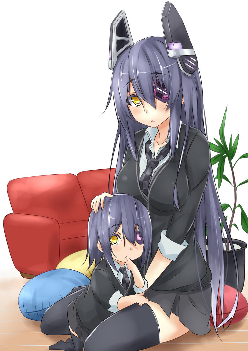 absurdres alternate_hair_length alternate_hairstyle black_legwear blue_hair checkered checkered_neckwear dress_shirt eyepatch hair_ornament hand_on_another's_head heart highres if_they_mated kantai_collection long_hair looking_at_viewer mother_and_daughter multiple_girls necktie open_mouth revision saku_(kudrove) shirt short_hair sitting smile tenryuu_(kantai_collection) thighhighs yellow_eyes younger
