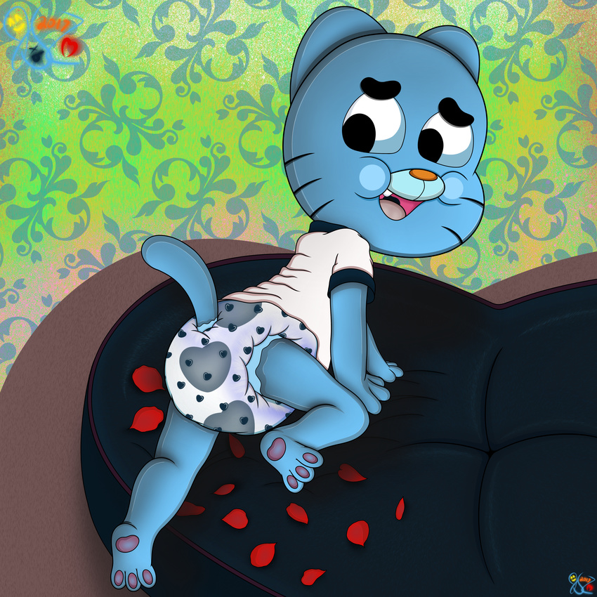 absurd_res bed blue_fur cartoon_network cat clothing cub diaper feet feline flower_petals fur gumball_watterson hi_res jayson_(artist) lying male mammal mattress open_mouth pawpads paws petals presenting shirt solo teeth the_amazing_world_of_gumball tongue whiskers young