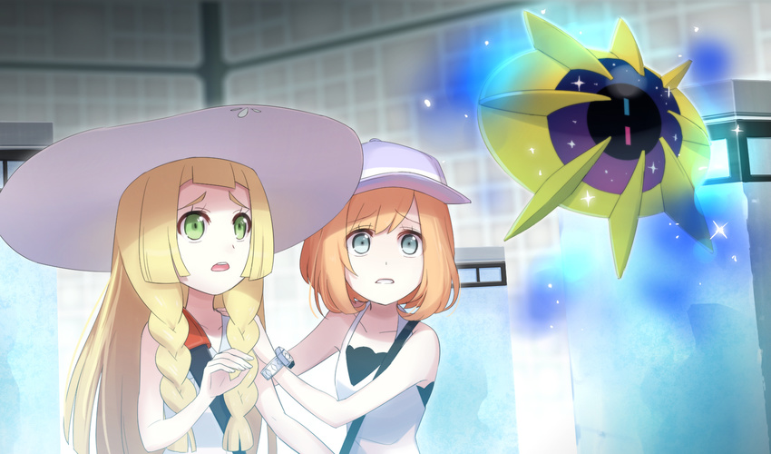 alternate_costume alternate_hair_color aqua_eyes bare_shoulders baseball_cap blonde_hair braid cosmoem dress gen_7_pokemon green_eyes hand_on_another's_shoulder hat highres lillie_(pokemon) long_hair mizuki_(pokemon) multiple_girls open_mouth orange_hair pokemon pokemon_(creature) pokemon_(game) pokemon_sm rupinesu shirt short_hair sleeveless sleeveless_dress sleeveless_shirt spoilers sun_hat twin_braids upper_body z-ring