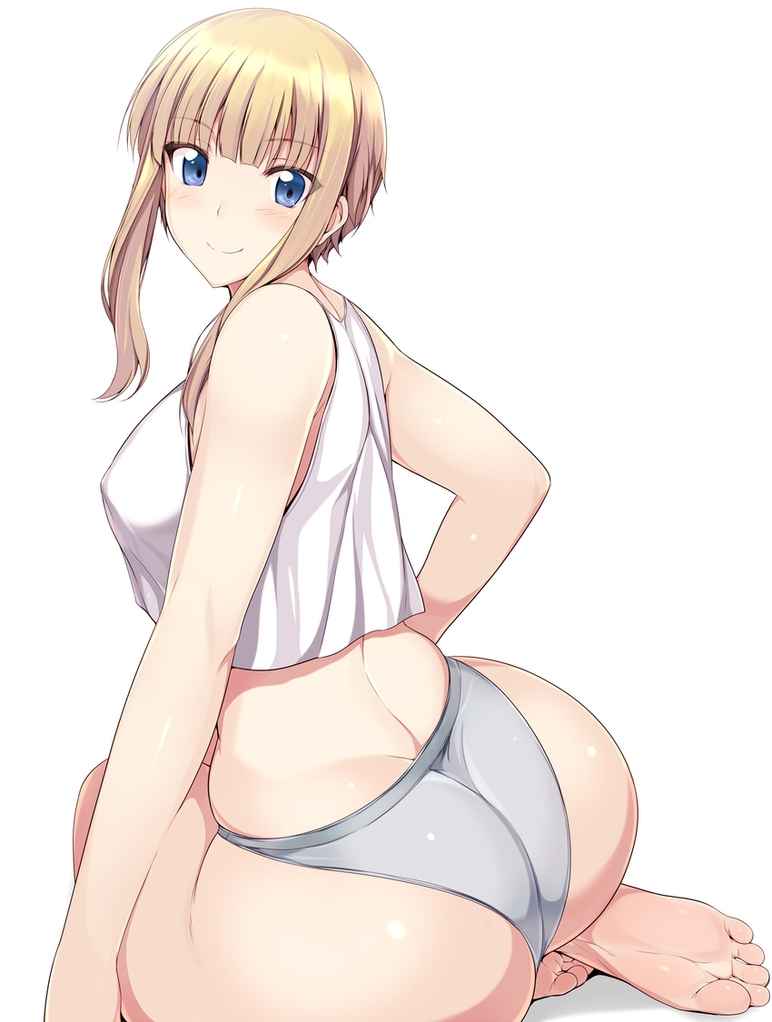 absurdres ass barefoot blonde_hair blue_eyes blush breasts feet highres kuneru_marta large_breasts looking_back marta naturalton panties see-through shadow short_hair simple_background sitting smile soles solo sweat tank_top toes underwear white_background
