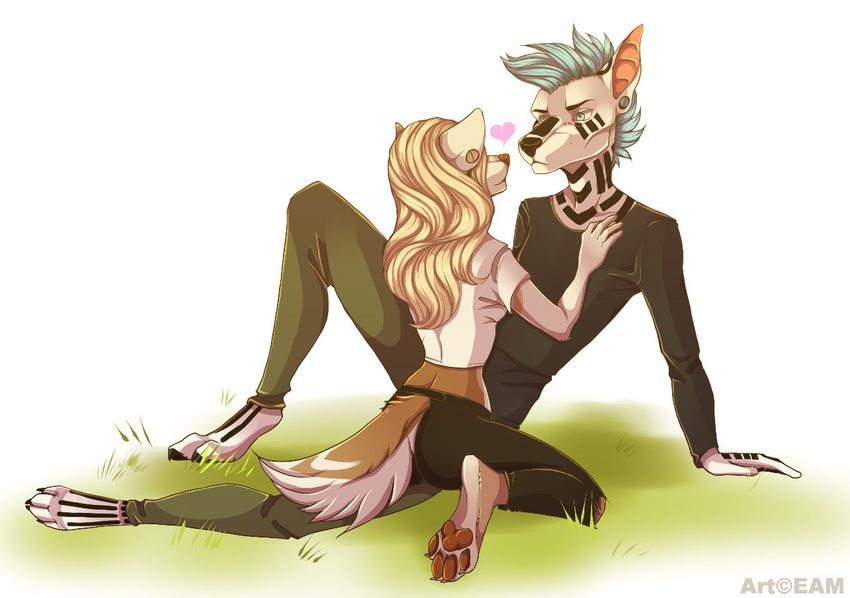 &lt;3 anthro canine clothed clothing duo eamart ear_piercing female fur grass hair kneeling male male/female mammal piercing sitting