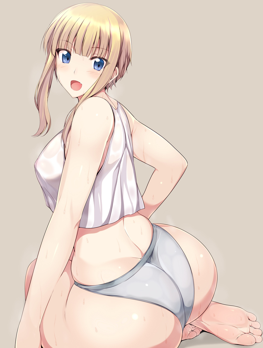 absurdres ass barefoot blonde_hair blue_eyes blush breasts fang feet highres kuneru_marta large_breasts looking_back marta naturalton open_mouth panties see-through short_hair simple_background sitting soles solo sweat tank_top toes underwear