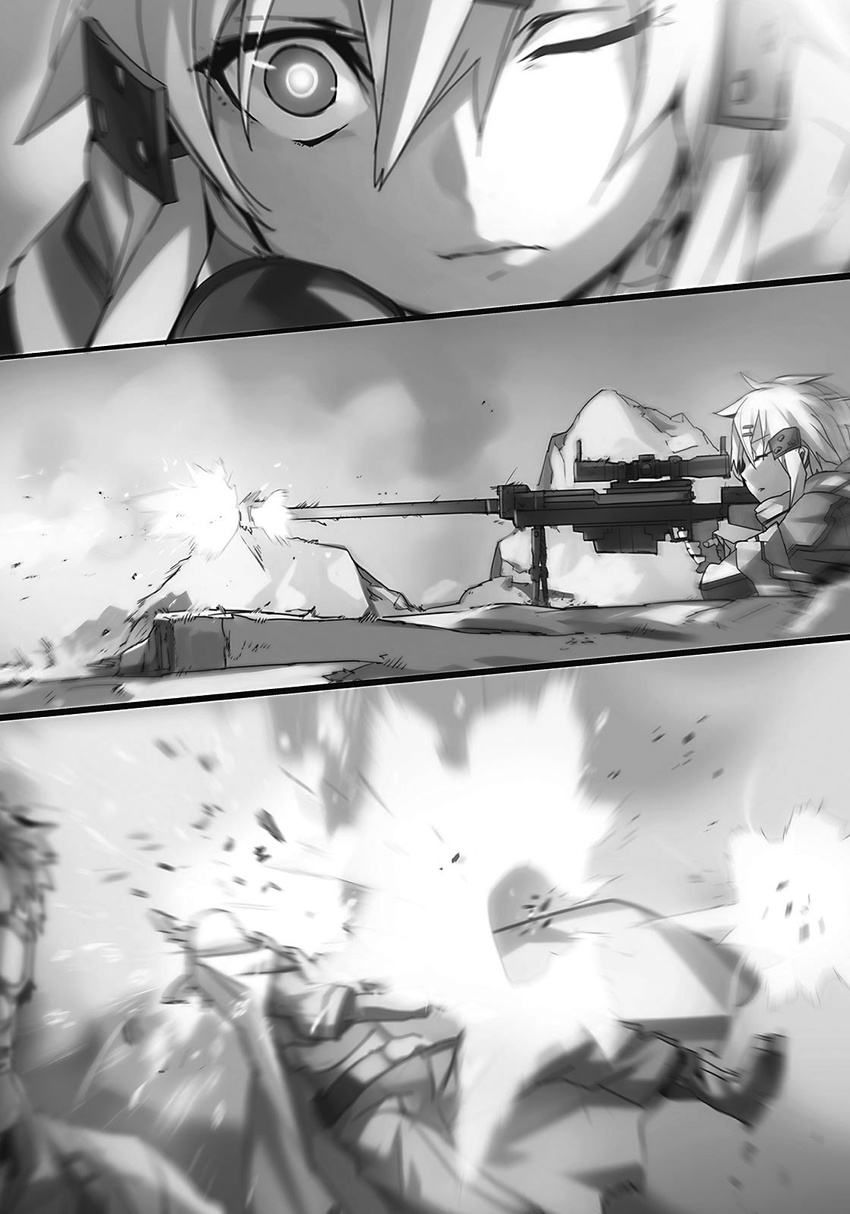 1girl abec anti-materiel_rifle firing greyscale gun hair_between_eyes hair_ornament hairclip highres looking_at_viewer lying monochrome novel_illustration official_art on_stomach one_eye_closed pgm_hecate_ii rifle sinon sniper_rifle sword_art_online weapon