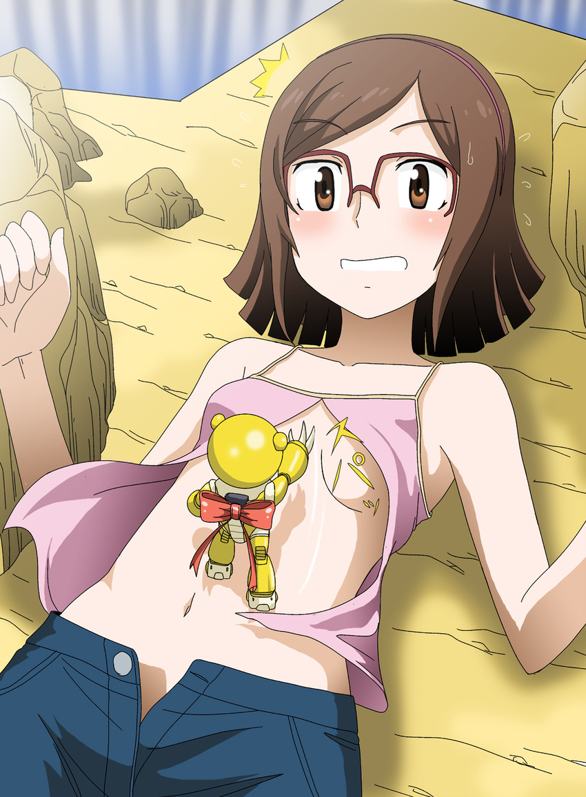 bear blush brown_eyes brown_hair denim glasses gundam gundam_build_fighters hairband highres jeans kakkii kousaka_china mecha navel over-rim_eyewear pants red-framed_eyewear semi-rimless_eyewear short_hair