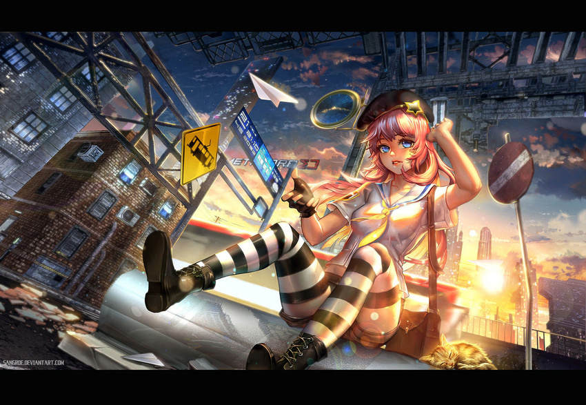 backlighting bag beret blue_eyes breasts cat dutch_angle from_below full_body gloves hat letterboxed lips medium_breasts original paper_airplane pink_hair road_sign sailor_collar sangrde satchel short_shorts shorts sign single_glove sitting solo striped striped_legwear sunset thighhighs
