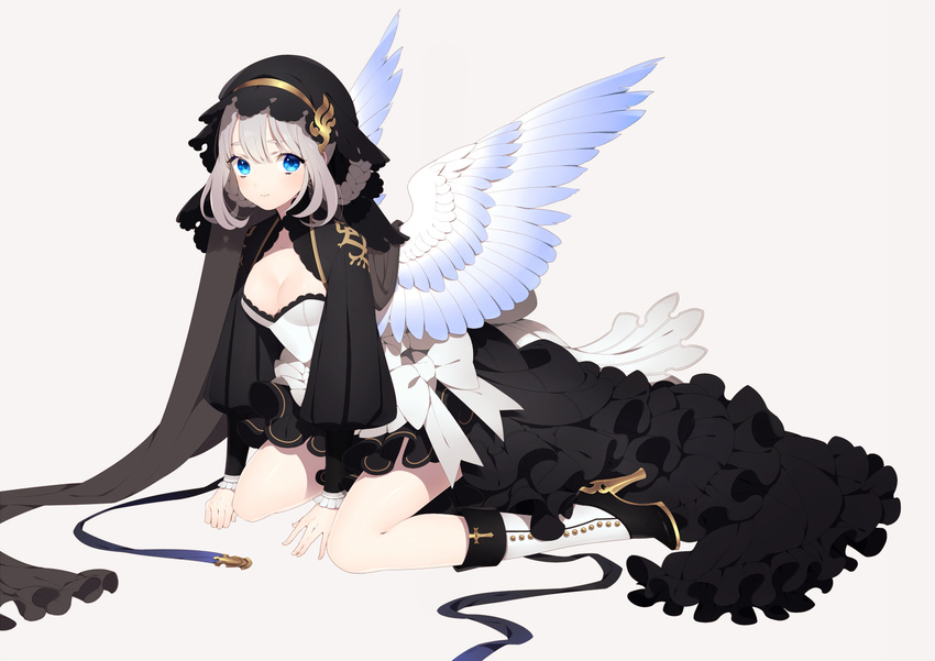 arm_support blue_eyes bonnet boots breasts cleavage feathers high_heel_boots high_heels highres looking_at_viewer medium_breasts ni02_(asahi_nini) original solo thighs white_background white_hair white_wings wings
