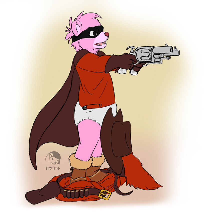 anthro bear cape clothed clothing diaper gloves gun handgun hat male mammal open_mouth pistol ranged_weapon solo standing weapon yojek163 young