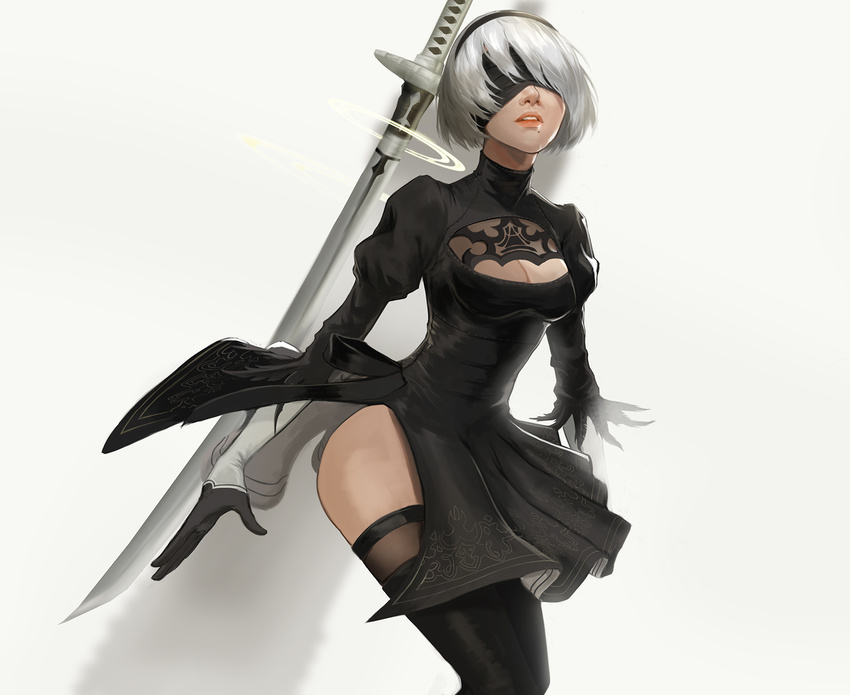 arms_at_sides bad_id bad_pixiv_id bangs black_dress black_footwear black_gloves black_hairband black_legwear black_ribbon blindfold boots breasts cleavage cleavage_cutout covered_eyes cowboy_shot dress ev1ct feather-trimmed_sleeves feather_trim gloves hair_over_eyes hairband highres juliet_sleeves katana leaning_forward legs_together lips long_sleeves medium_breasts mole mole_under_mouth nier_(series) nier_automata nose parted_lips pink_lips puffy_sleeves ribbon short_dress short_hair side_slit silver_hair simple_background solo standing sword teeth thigh_boots thighhighs thighs turtleneck vambraces weapon weapon_on_back yorha_no._2_type_b