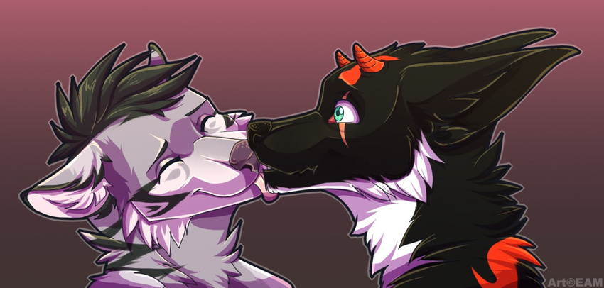 ambiguous_gender anthro canine duo eamart fur hair horn licking mammal simple_background smile tongue tongue_out