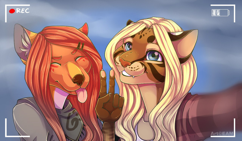 ambiguous_gender anthro canine clothed clothing duo eamart feline looking_at_viewer mammal selfie smile tongue tongue_out