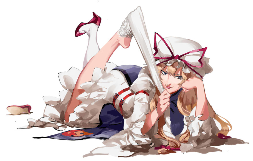bangs blonde_hair bow dress full_body hair_between_eyes hair_bow hand_on_own_face hat hat_ribbon high_heels legs legs_up lips lipstick long_legs long_sleeves looking_to_the_side lying makeup mob_cap on_stomach pink_footwear red_lipstick removing_legwear ribbon ruukii_drift shiny shiny_hair shoe_removed shoes sidelocks simple_background single_shoe smile soles solo the_pose thighhighs thighhighs_pull touhou white_background white_dress white_legwear wide_sleeves yakumo_yukari