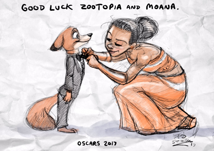 anthro barefoot bow_tie canine clothed clothing david_stodolny(artist) disney fox human kneeling mammal moana nick_wilde orange_color silly_grin standing zootopia