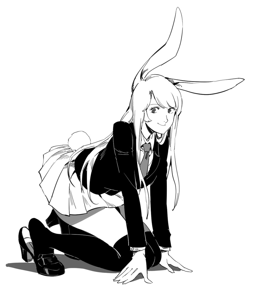 animal_ears bangs blazer bunny_ears bunny_tail collared_shirt greyscale high_heels highres jacket kneeling long_hair long_sleeves looking_at_viewer monochrome necktie pleated_skirt reisen_udongein_inaba ruukii_drift shirt sidelocks simple_background skirt smile solo tail thighhighs thighs touhou very_long_hair white_background