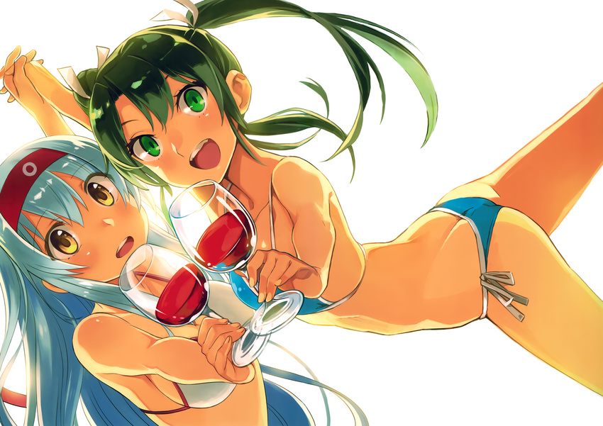 :d absurdres arm_up ass bikini blue_bikini blue_hair breasts butt_crack cleavage collarbone cup detexted drinking_glass eyes_visible_through_hair green_eyes green_hair hair_between_eyes hair_ribbon hairband highres holding_hands interlocked_fingers kantai_collection large_breasts leg_up long_hair multiple_girls nonco open_mouth ribbon scan shoukaku_(kantai_collection) side-tie_bikini simple_background small_breasts smile stitched swimsuit third-party_edit twintails white_background white_bikini wine_glass yellow_eyes zuikaku_(kantai_collection)