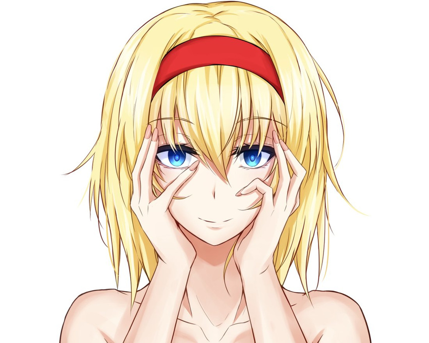 alice_margatroid bangs bare_shoulders blonde_hair blue_eyes closed_mouth collarbone commentary_request hair_between_eyes hands_on_own_cheeks hands_on_own_face looking_at_viewer piro_(iiiiiiiiii) portrait smile solo touhou white_background yandere_trance