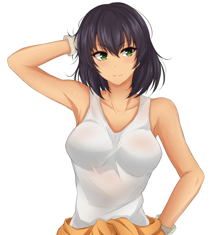 &gt;:) arm_behind_head armpits bangs bare_shoulders black_hair breasts closed_mouth clothes_around_waist collarbone commentary_request dark_skin girls_und_panzer gloves green_eyes hair_between_eyes highres hoshino_(girls_und_panzer) large_breasts looking_away piro_(iiiiiiiiii) shirt short_hair smile solo sweat tank_top upper_body v-shaped_eyebrows wet wet_clothes wet_shirt white_background white_gloves