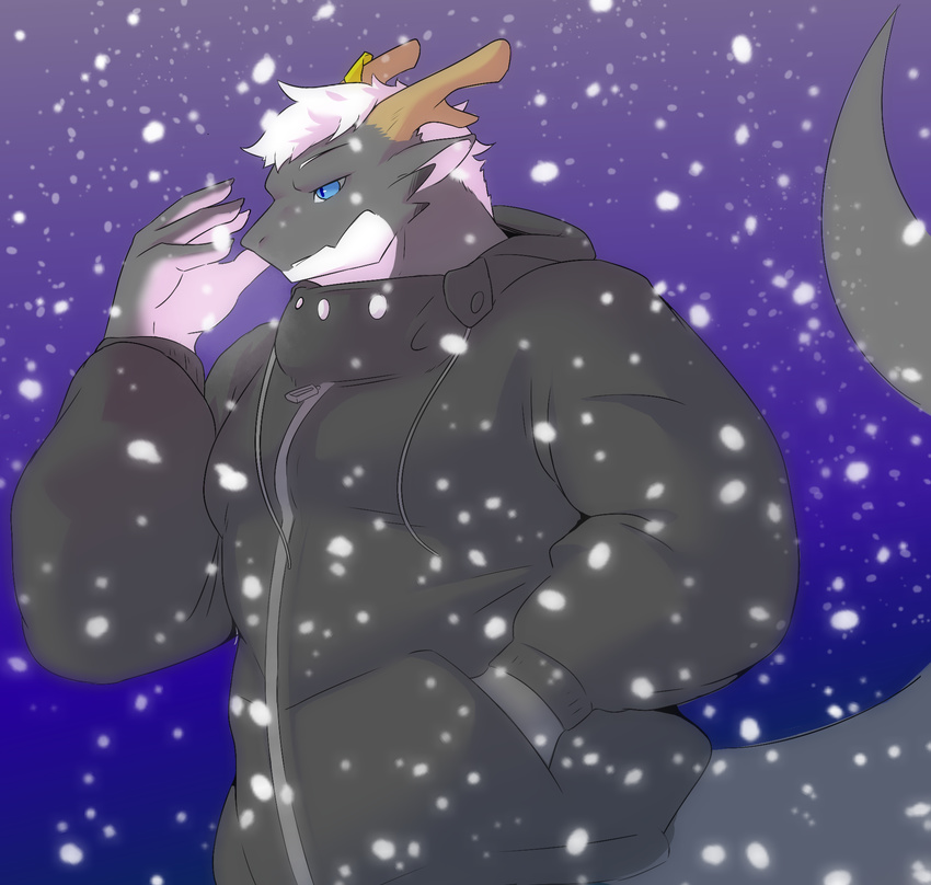 clothing dragon hair horn male manyu1085 outside simple_background snow solo standing