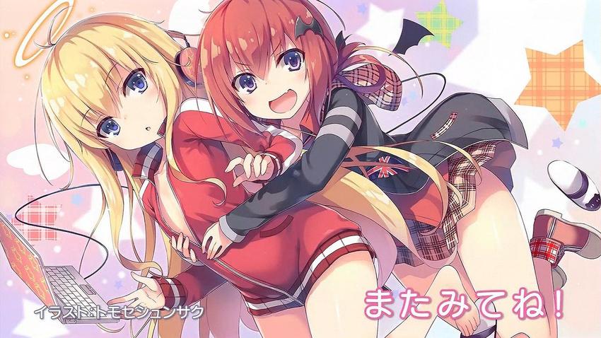 2girls bat_hair_ornament blonde_hair blue_eyes computer end_card gabriel_dropout hair_ornament hair_rings halo jacket kurumizawa_satanichia_mcdowell laptop long_hair multiple_girls open_mouth red_hair tenma_gabriel_white tomose_shunsaku very_long_hair