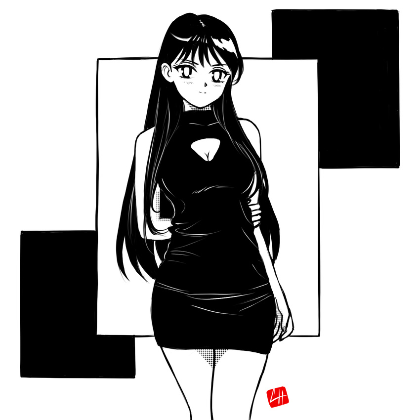 arm_behind_back bishoujo_senshi_sailor_moon breasts chris_re5 cleavage cleavage_cutout dress highres hino_rei long_hair medium_breasts monochrome signature smile solo spot_color